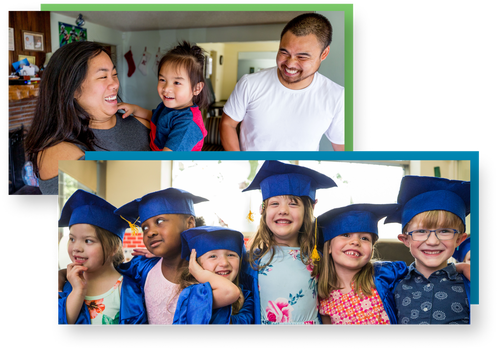 Top image is of a family smiling holding their young child with disabilities. Bottom image shows young grade school students group together wearing caps and gowns smiling
